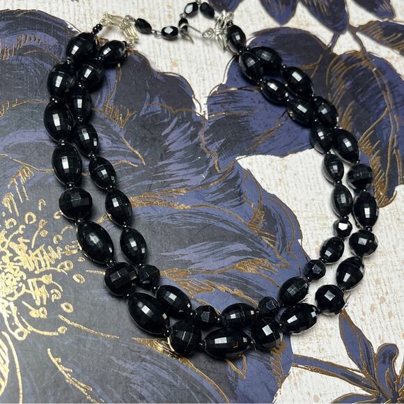 Vintage 40s 1940s Double Strand Faceted Black Beaded Chunky Choker Necklace D2 - Picture 7 of 10